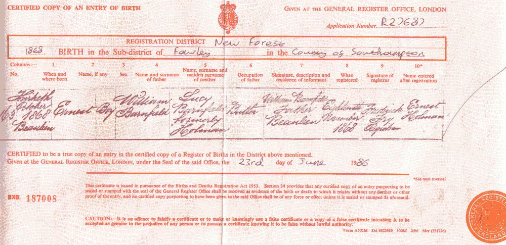 Ernest Holman Barnfield Birth Certificate