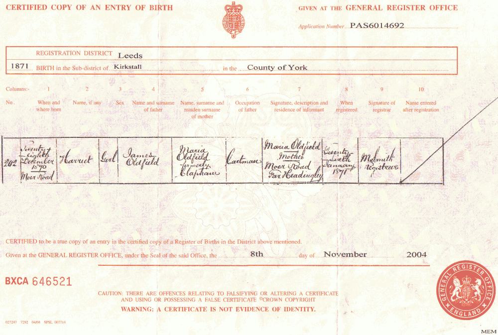 Harriet Oldfield Birth Certificate
