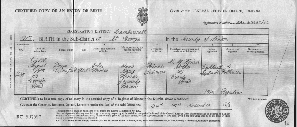 Doris Goodman - Birth Certificate