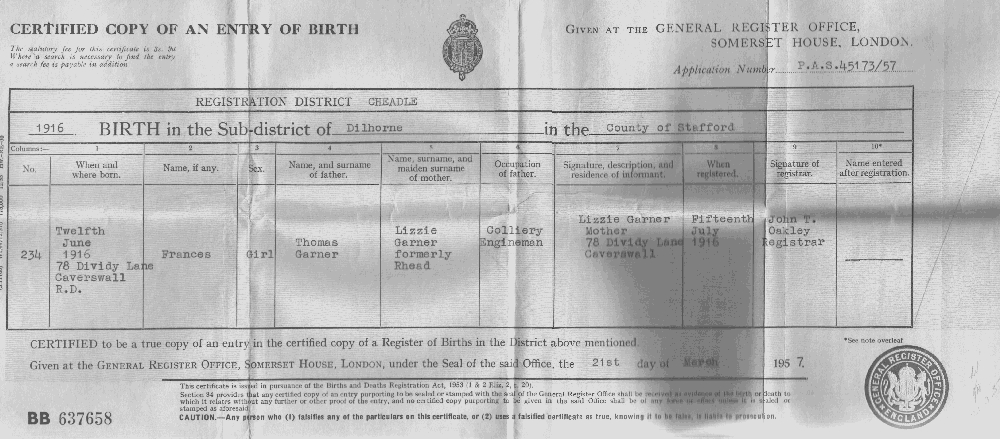 Frances Olsen - Birth Certificate