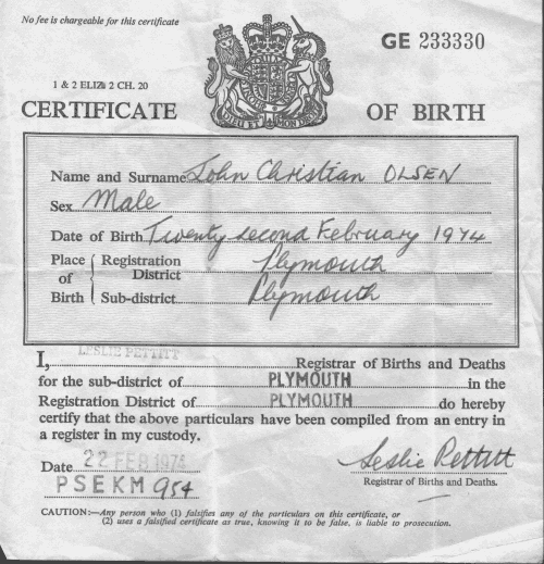 John Christian Olsen - Birth Certificate