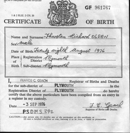 Thurstan Richard Olsen - Birth Certificate