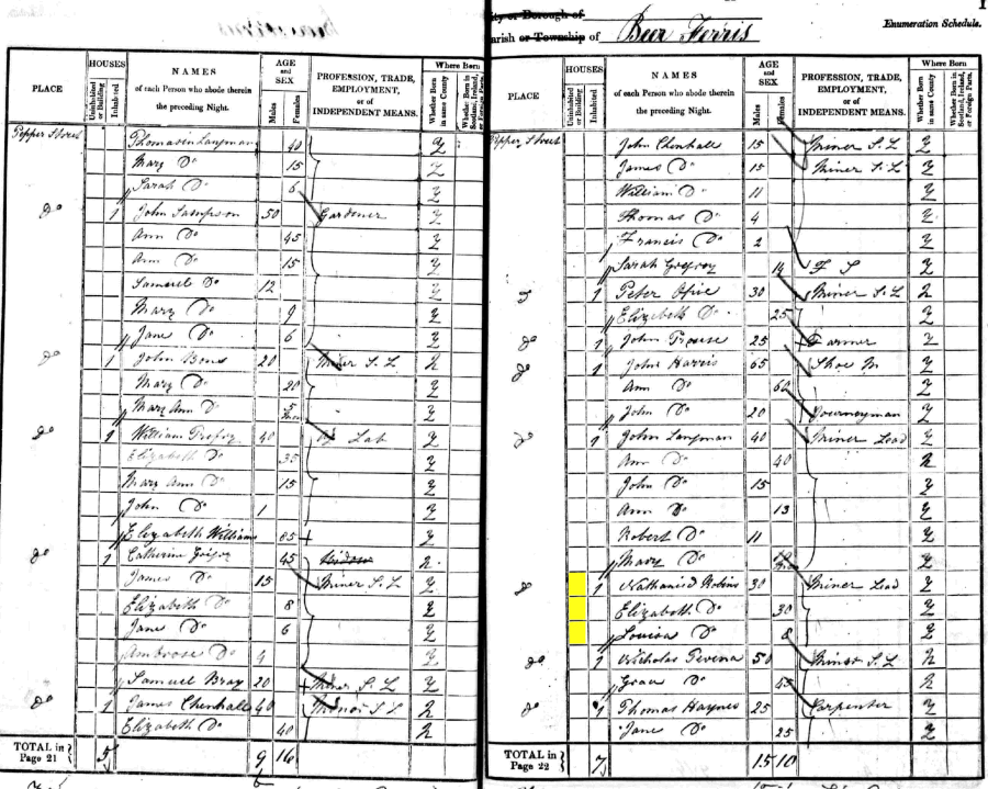 Nathanial and Elizabeth Robins 1841 census returns