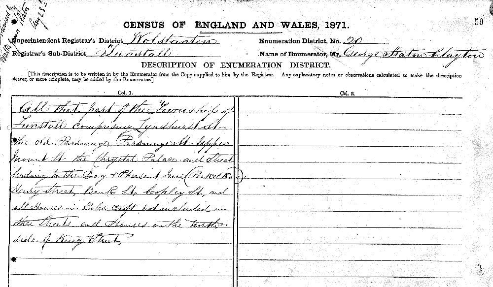 Streets of Tunstall 1871 census returns