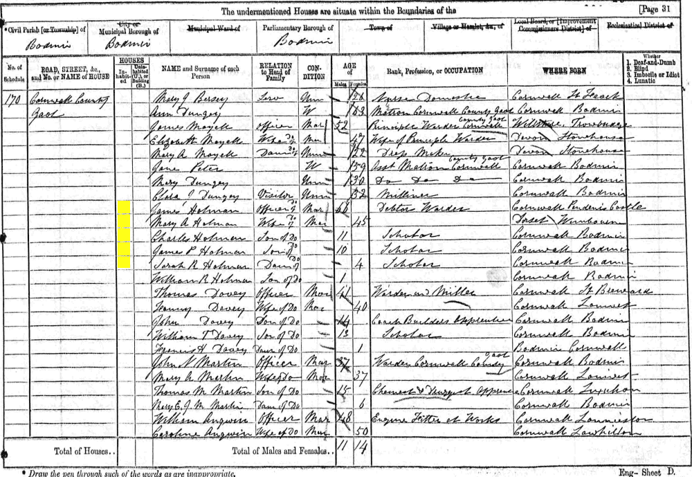 James Pendennis Holman 1871 census returns