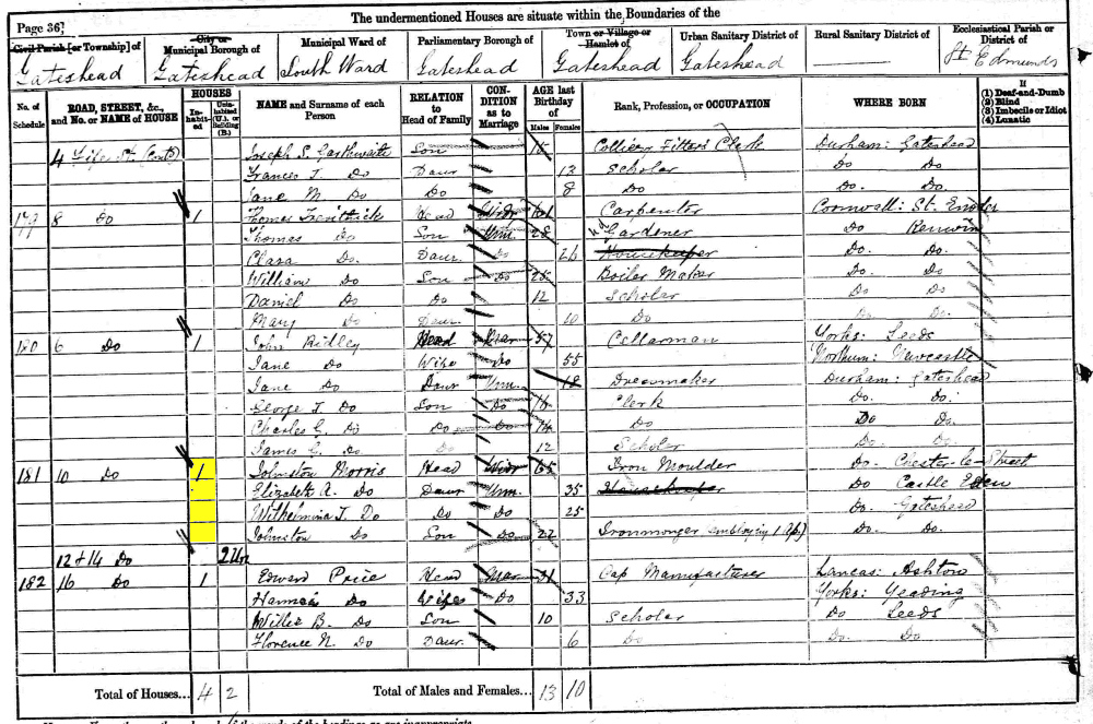 Johnson Morriss and Wilhelmina Morriss 1881 census returns