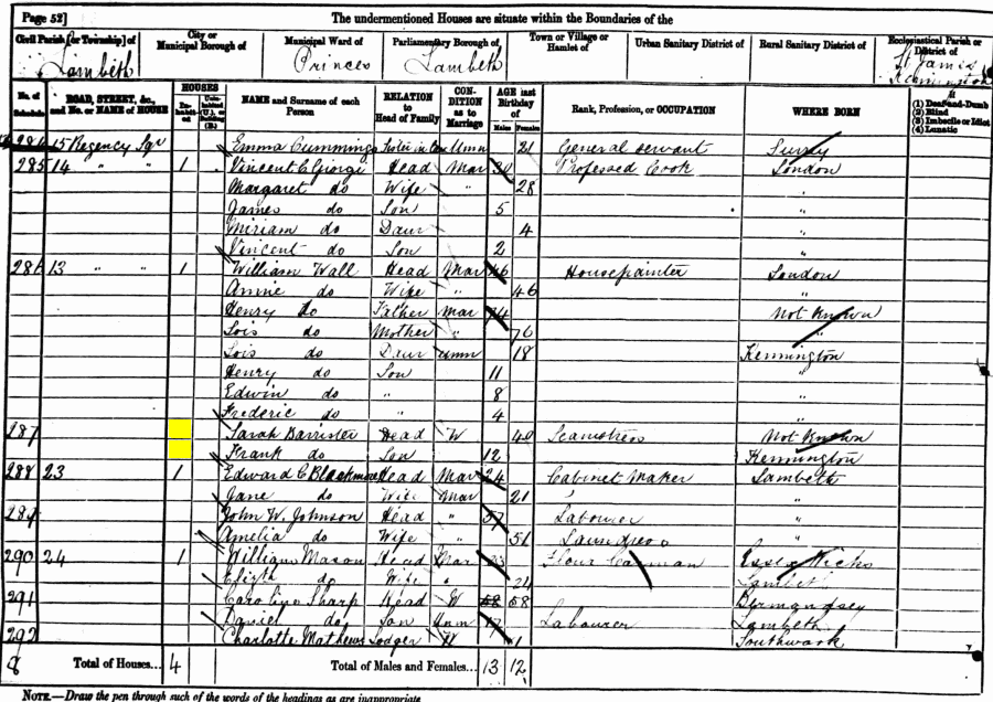 Sarah Barrister 1881 census returns