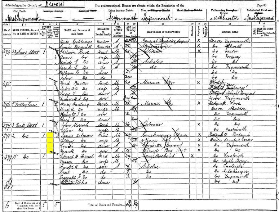 Samuel and Ellen Holman 1891 census returns