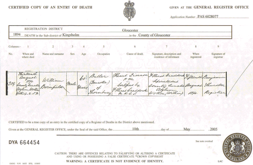 William Barnfield Death Certificate