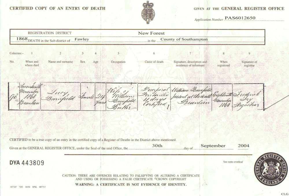 Lucy Barnfield Death Certificate