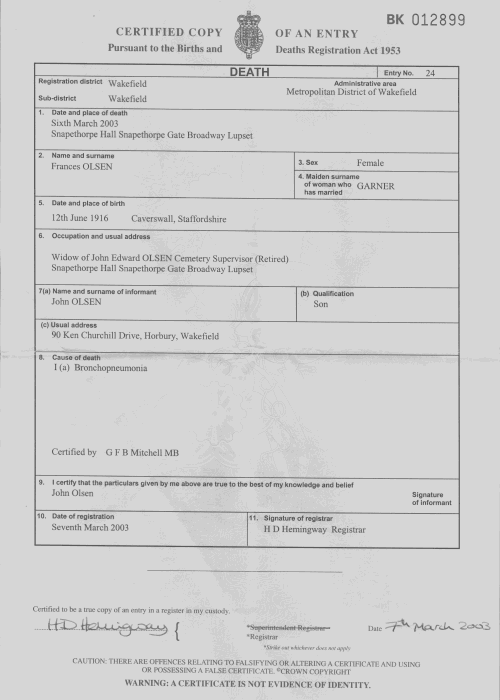 Frances Olsen - Death Certificate