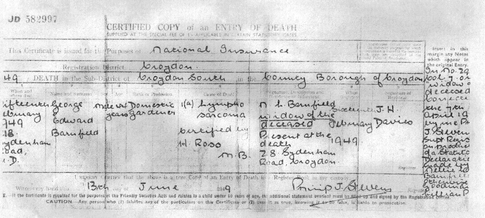 George Edward Barnfield - Death Certificate