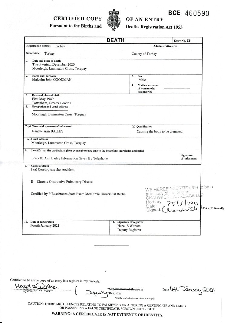 Malcolm John Goodman - Death Certificate 29/12/2020