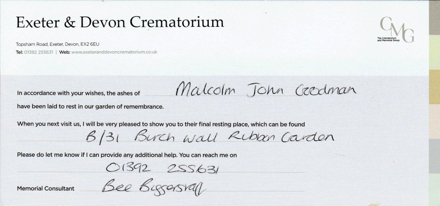 Malcolm John Goodman - Interment Certificate