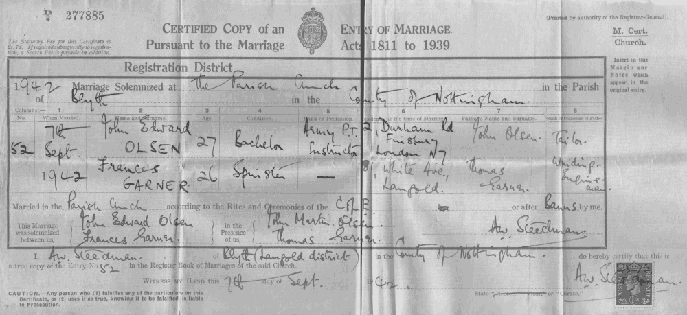 Frances Olsen - Marriage Certificate