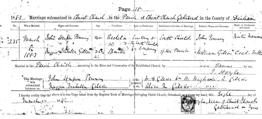 Marriage certificate John Harper Penney and Meggie Isabella Gillies