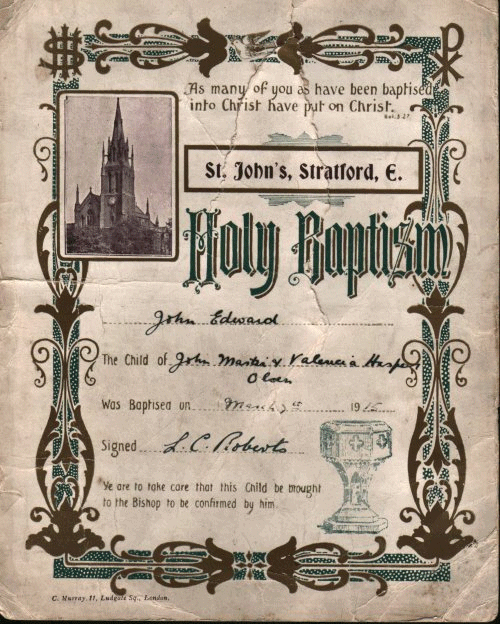 John Edward Olsen - Baptismal Certificate