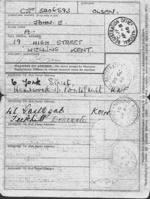 John Edward Olsen - National Registration Identity Card