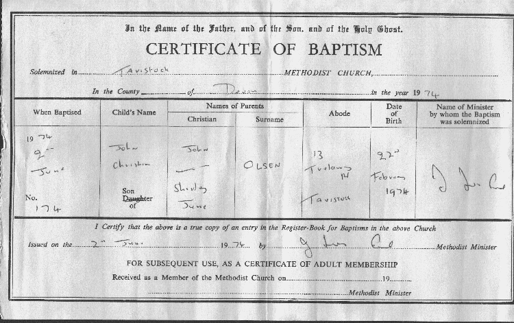 John Christian Olsen - Baptism Certificate