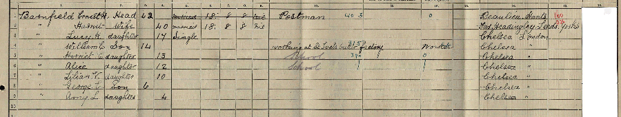 1911 census returns for Ernest H and Harriet Barnfield and family
