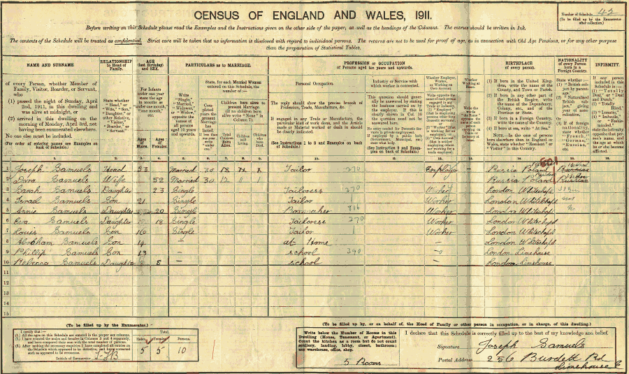 1911 census returns for Joseph and Dora Samuels and family