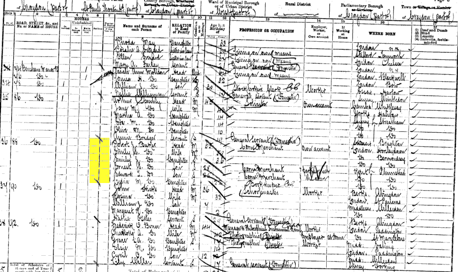 1901 census returns for Robert James and Emily Elizabeth Baker and family
