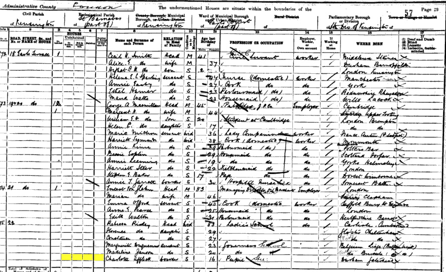 1901 census returns for Charlotte Sarah Affleck