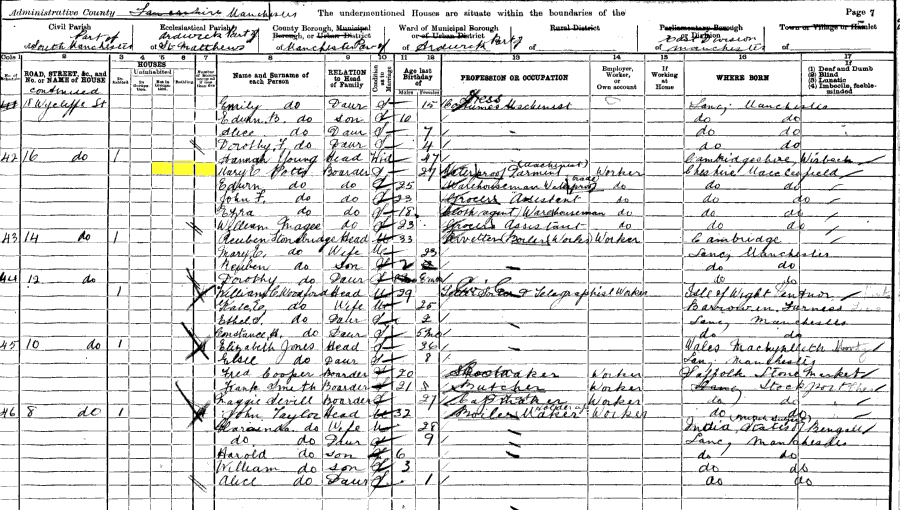 1901 census returns for Mary Elizabeth Potts