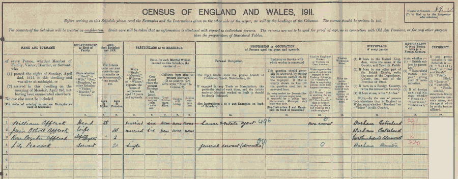 1911 census returns for William and Jessie Affleck and family