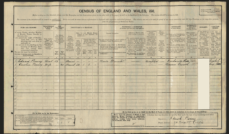 1911 census returns for Edward and Caroline Penney