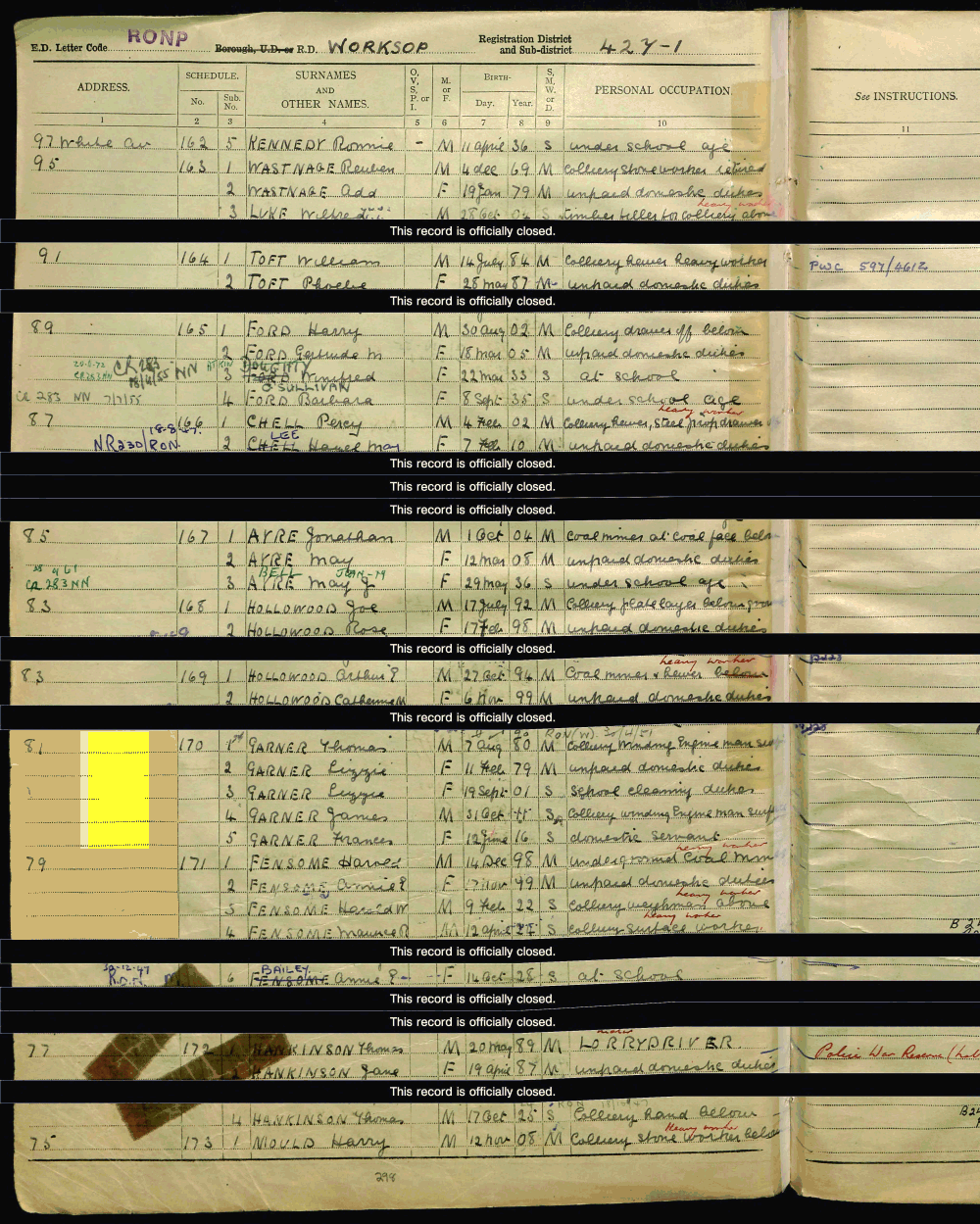 1939 census returns for Thomas and Lizzie Garner and family