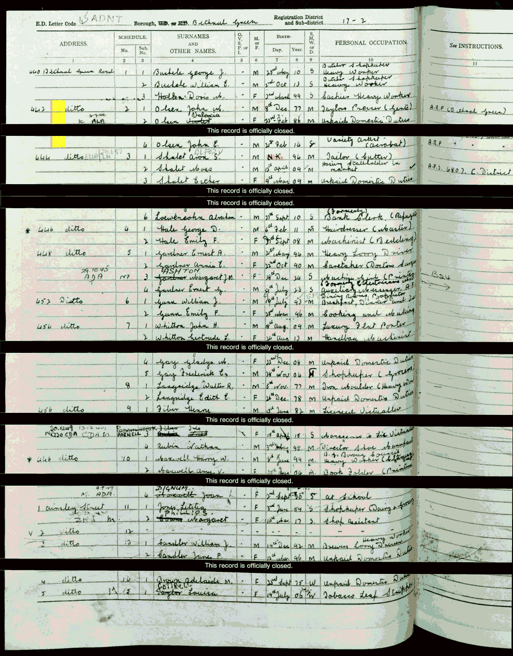 1939 census returns for Johan and Valencia and John Edward Olsen