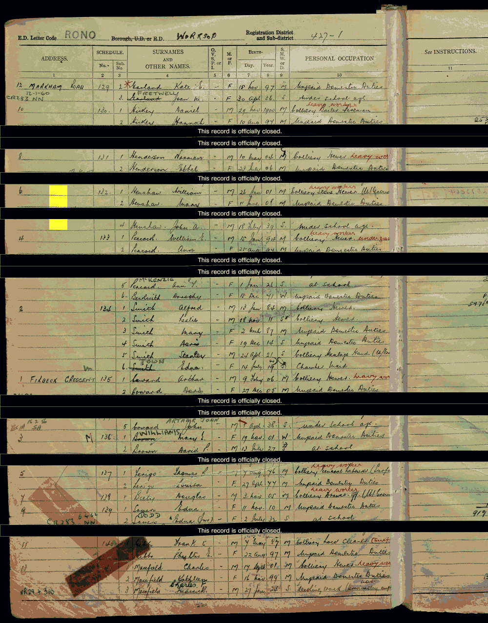 1939 census returns for William and Mary Henshaw and John Henshaw