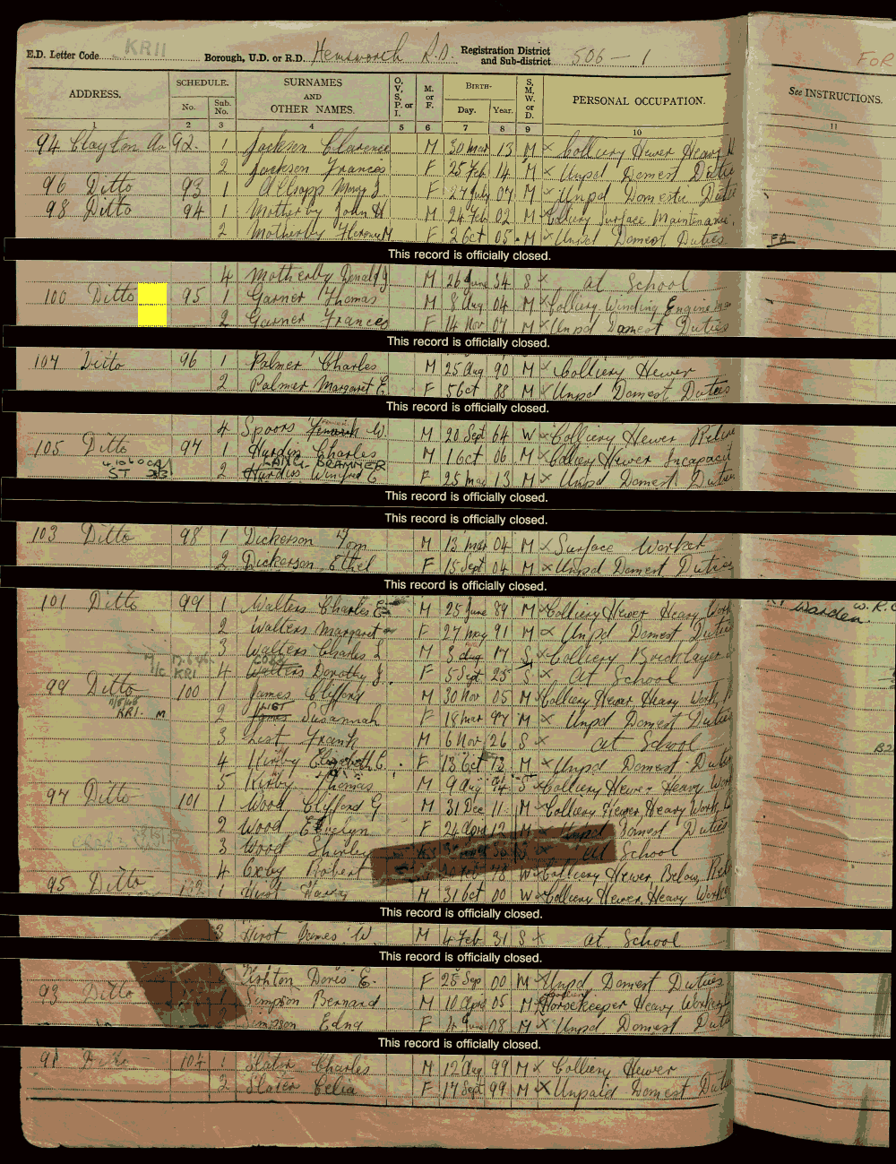 1939 census returns for Thomas and Frances Garner