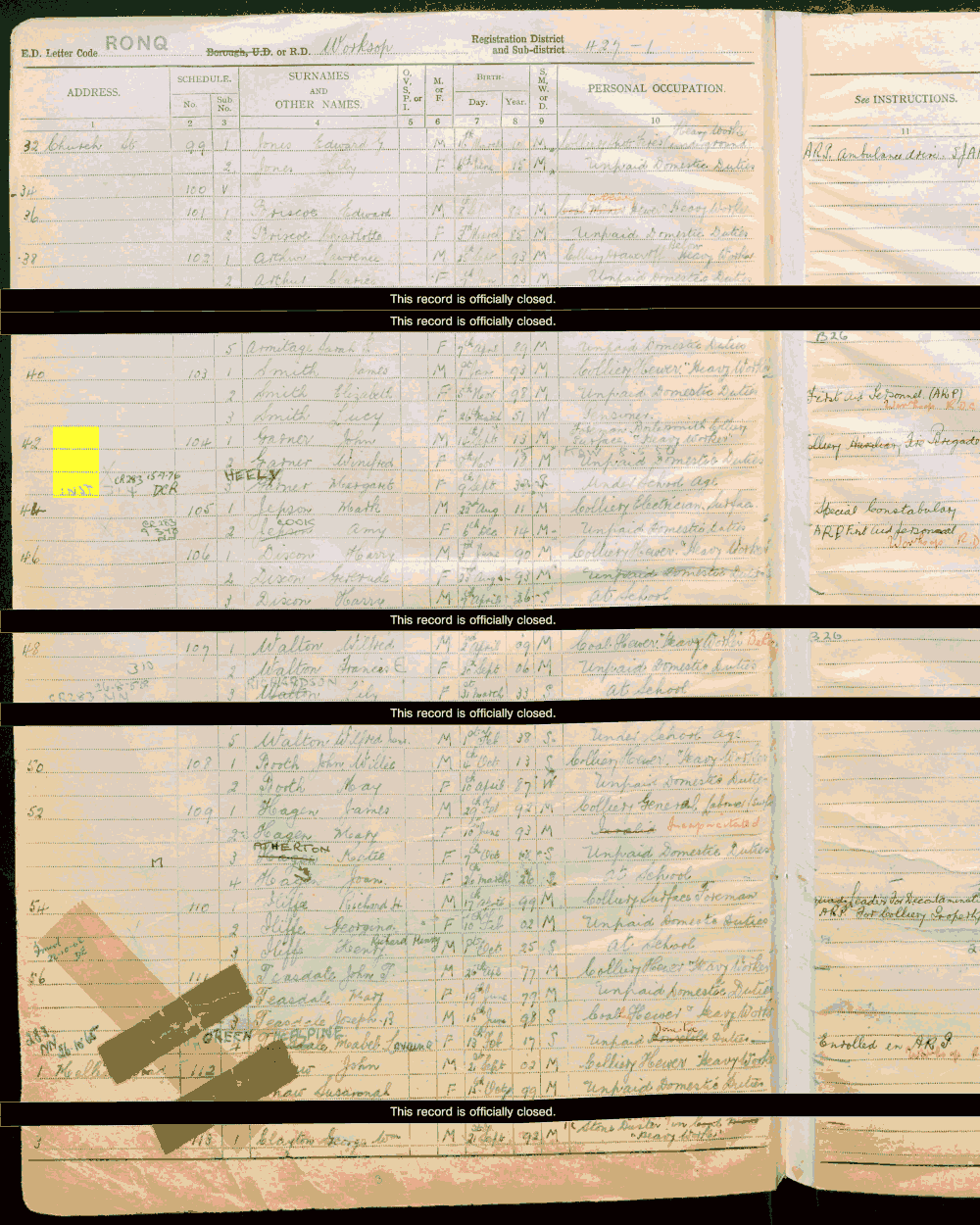 1939 census returns for Jack and Winifred Garner and Margaret Garner