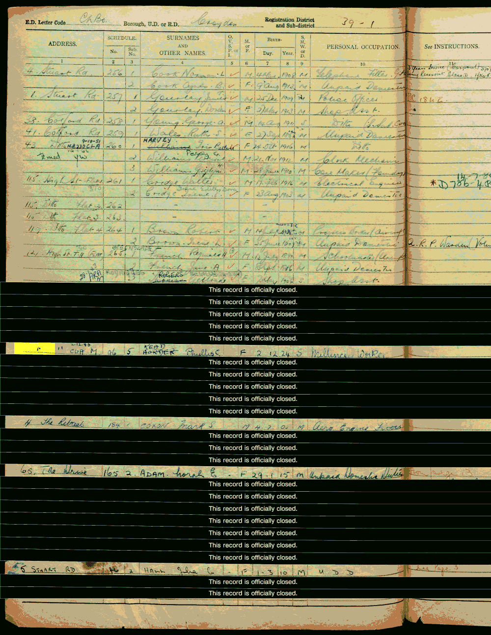 1939 census returns for Phyllis Constance Horder