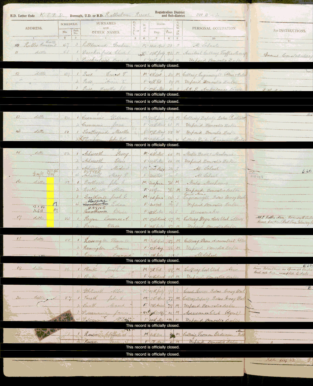 1939 census returns for John H and Alice Brothwell, Jack G Brothwell, Edna Brothwell and Olive Brothwell