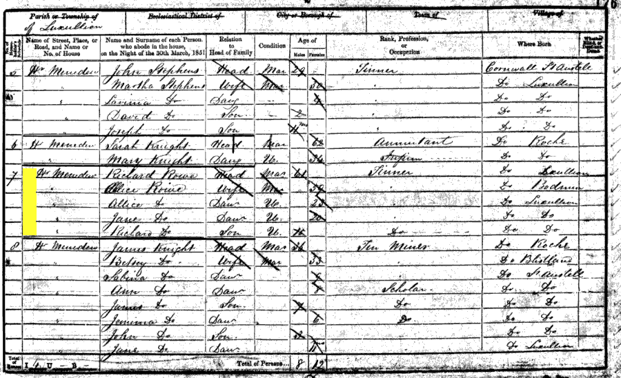 1851 census returns for Richard and Alice Rowe and family