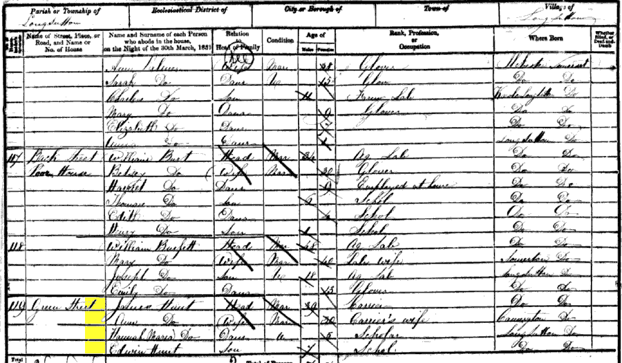 1851 census returns for James and Ann Hunt and family
