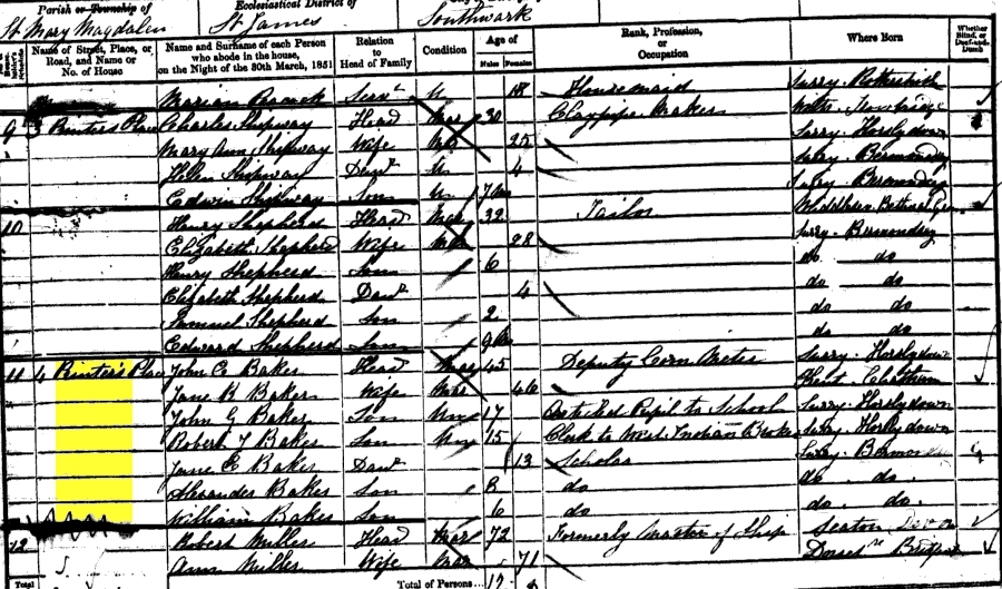 1851 census returns for John Emmanuel and Jane B Baker and family