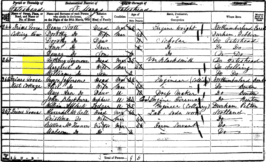 1851 census returns for Anthony and Margaret Seymour and family