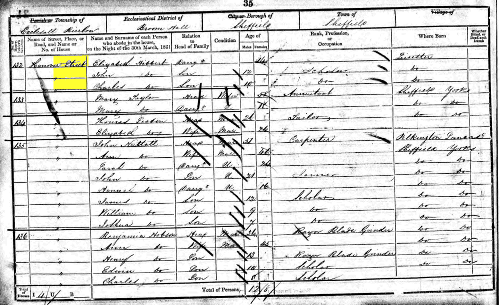 1851 census returns for family of George and Elizabeth Hibbert