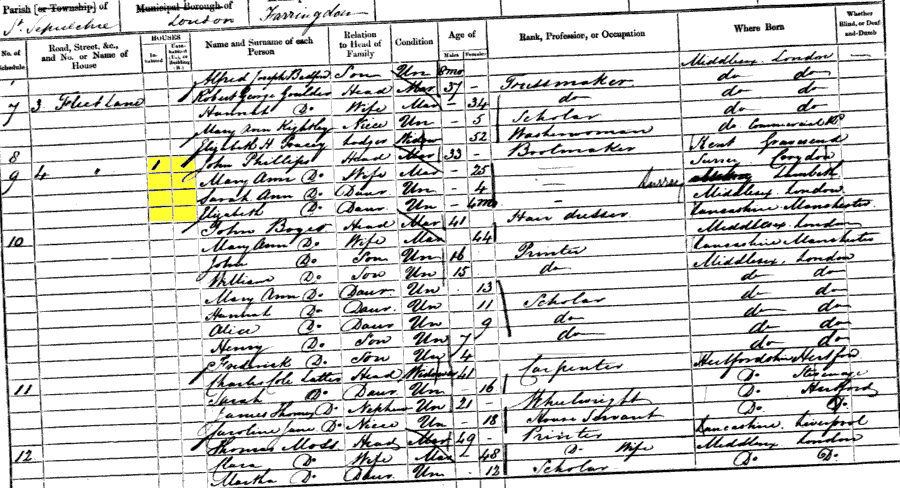 1861 census returns for John and Mary Ann Phillips and family