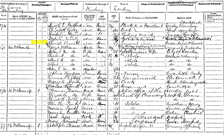 1871 census returns for Harriett Currell