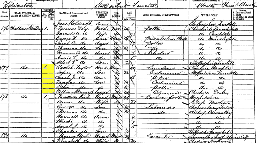 1871 census returns for Rachel Taylor and family
