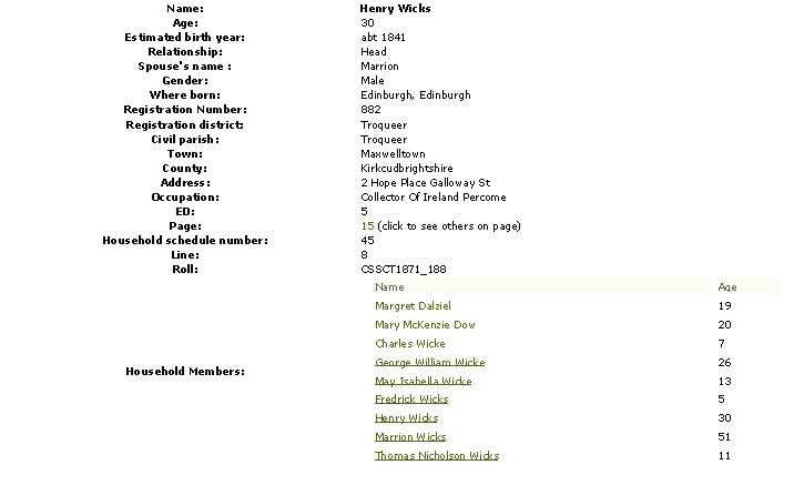 1871 census returns for Henry and Marion Wicks and family