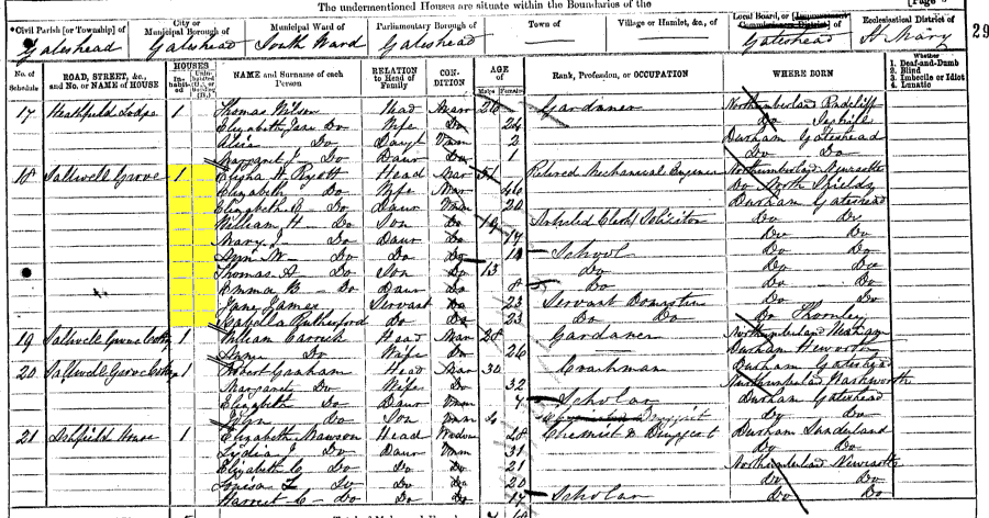 1871 census returns for Elisha Hunter and Elizabeth Ryott and family