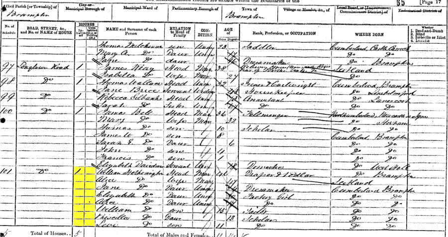 1871 census returns for William and Alice Hetherington and family