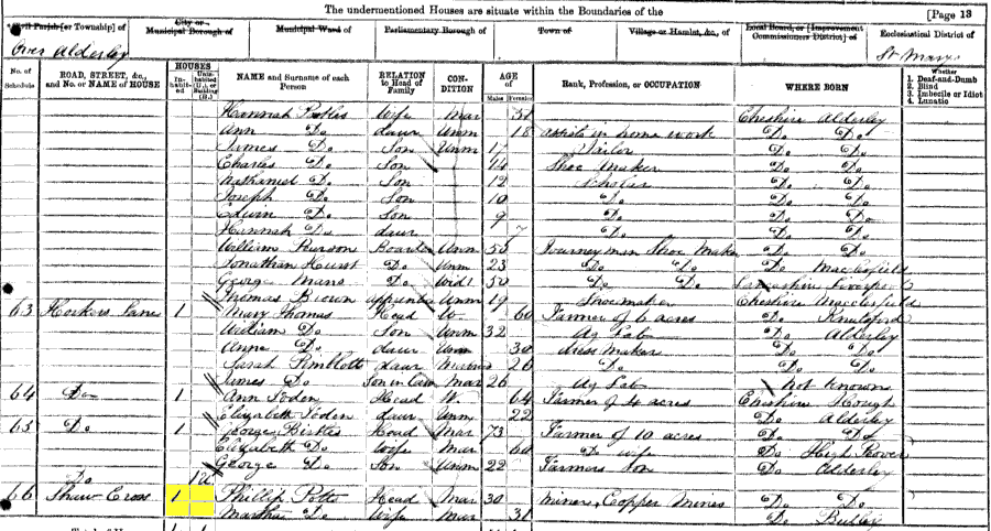 1871 census returns for Philip and Martha Potts