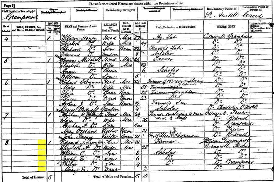 1881 census returns for Edward Joseph and Elizabeth Lyndon and family